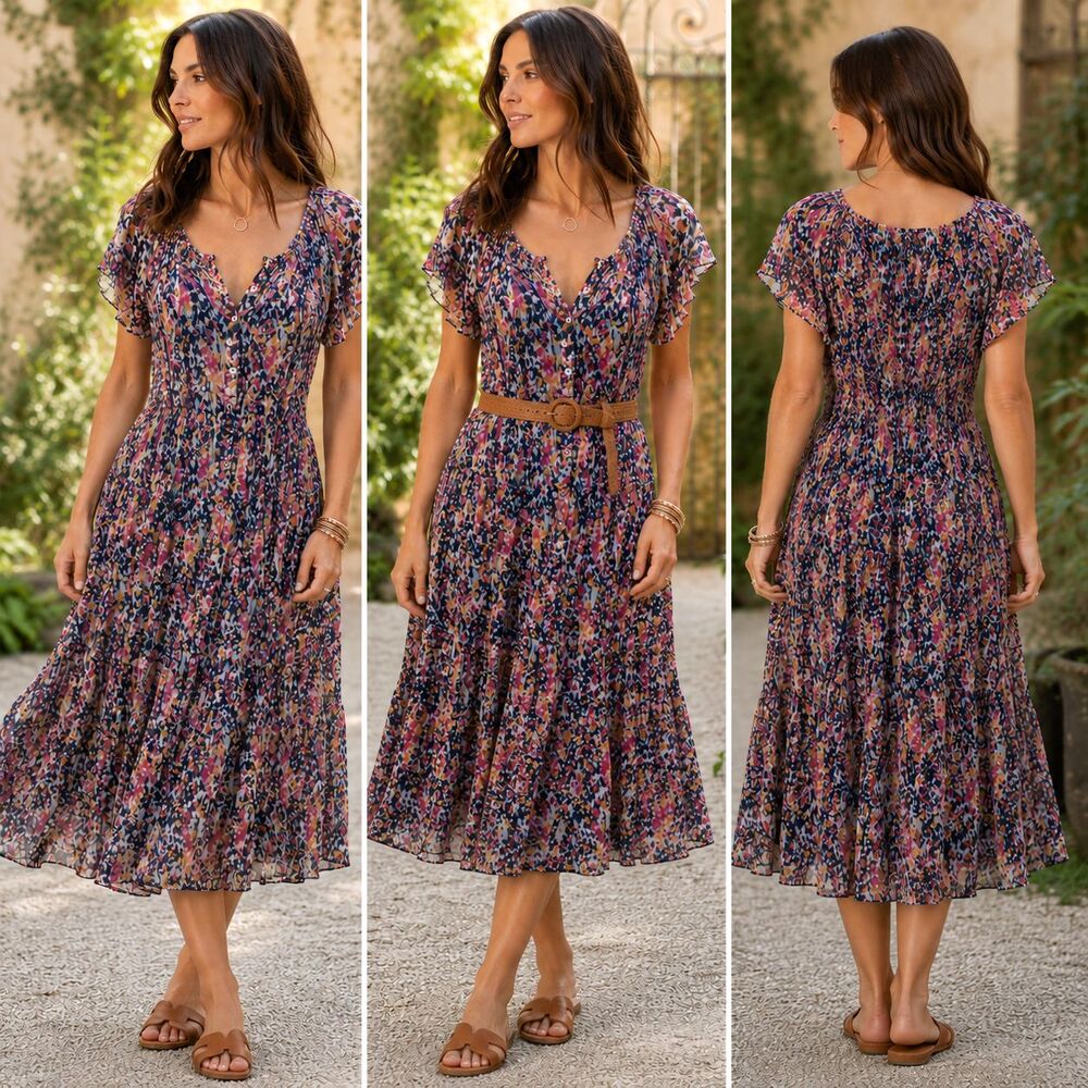 Sundance Clarisse Floral Dress Small Midi Tiered Smocked Waist Cottagecore Boho - Picture 1 of 9